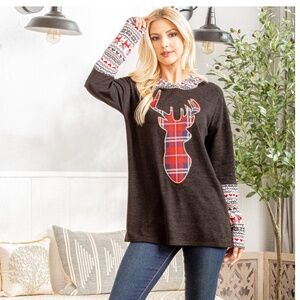 Heimish “ Holly “ Heimish Contrast Christmas Top with Hoodie S-3X 86